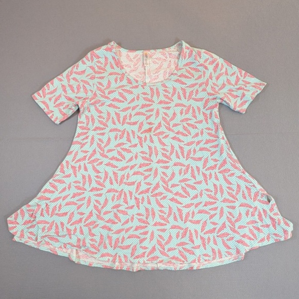 LuLaRoe Amelia Dress Blue Pink Feather Print Short Sleeve Swing Size M